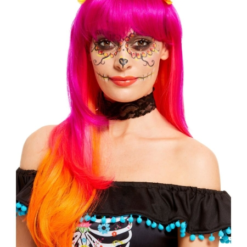 Day Of Dead Flower Wig Ombre Pink And Orange